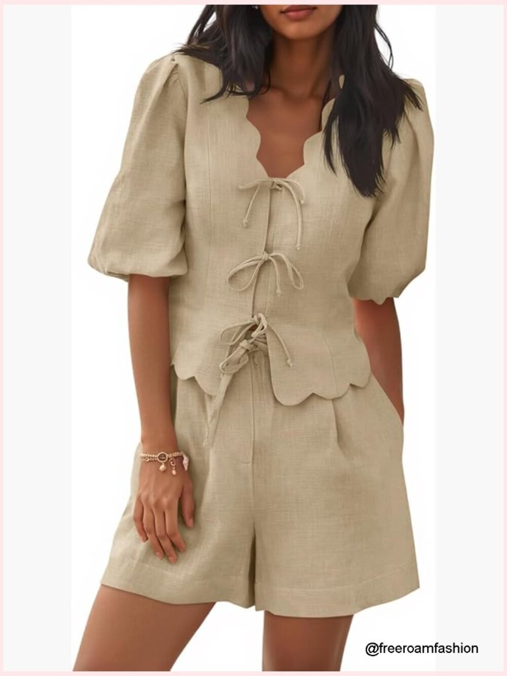 Women's 2 Piece Short Set Puff Sleeve V Neck Bow Front Wide Leg Shorts Lounge
